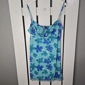 Xhilaration VTG Y2K Mesh Floral Mini Dress XL‎ Blue Milkmaid Spaghetti Strap